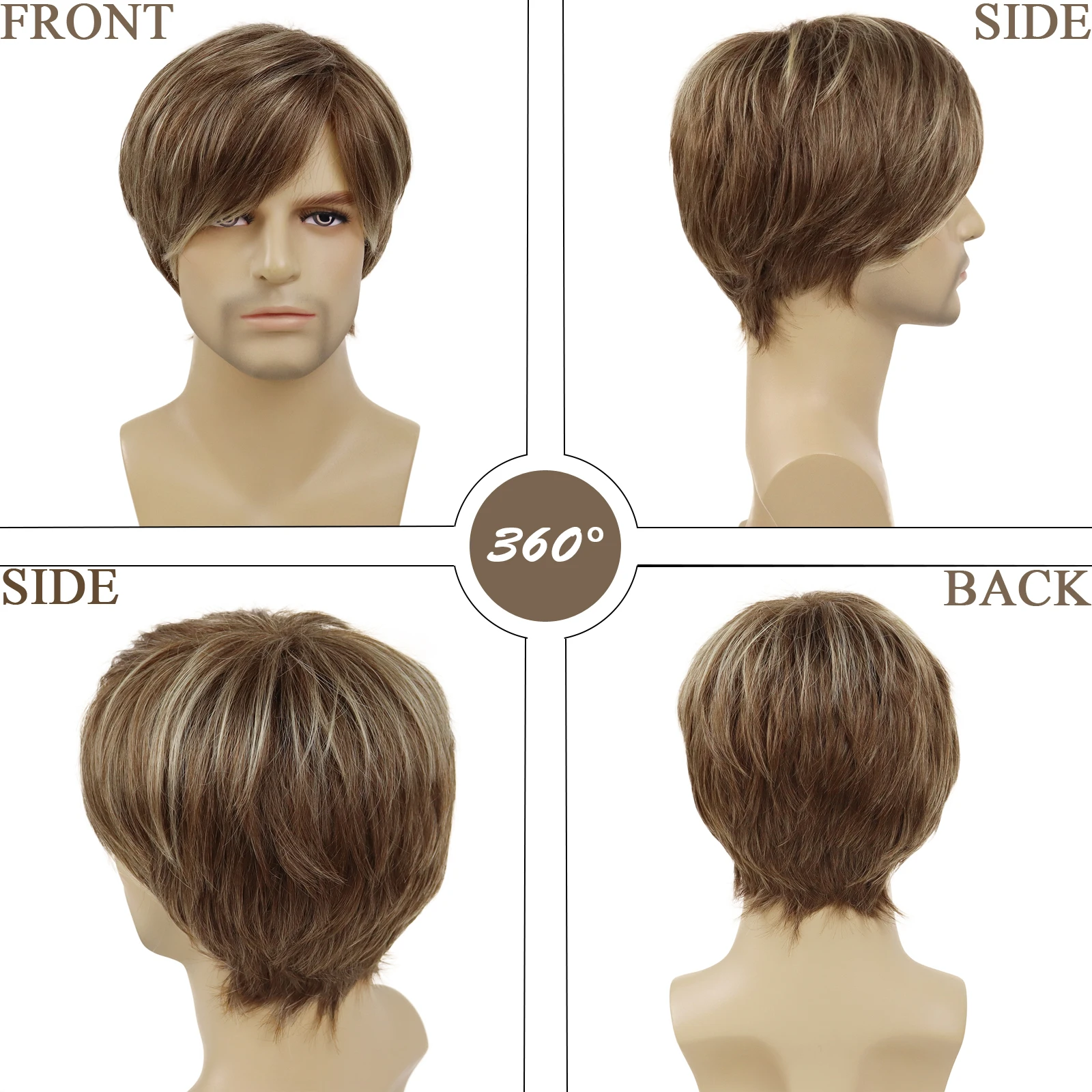 Men's Wig Natural Short Straight Synthetic Wigs for Male Mix Brown Highlight Wig with Side Bangs Daily Cosplay Party Halloween image 3