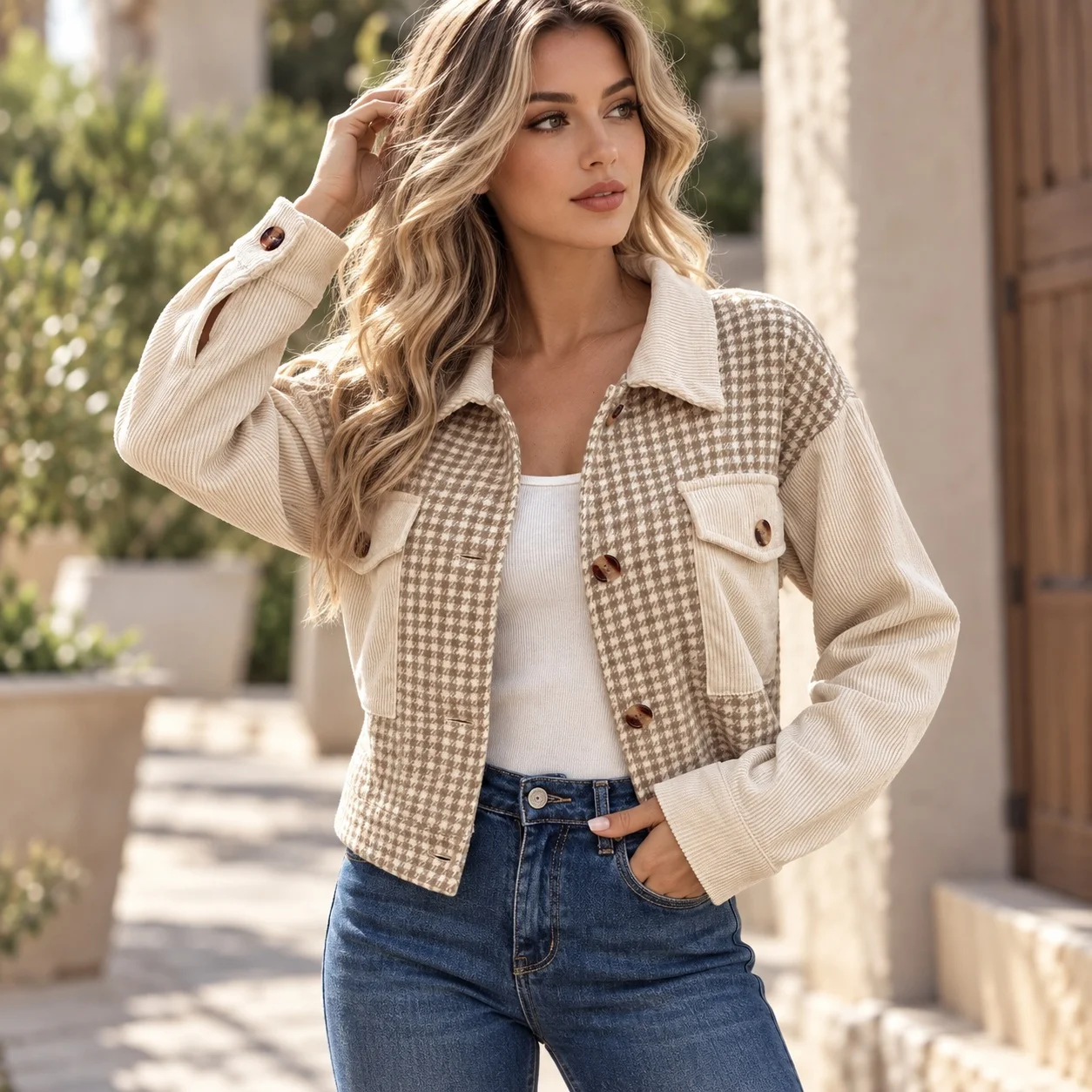 Plaid Patchwork Coat Regular Fit Retro with Single Row Multi Button Closure Brushed Finish Long Sleeve Women Autumn Jacket