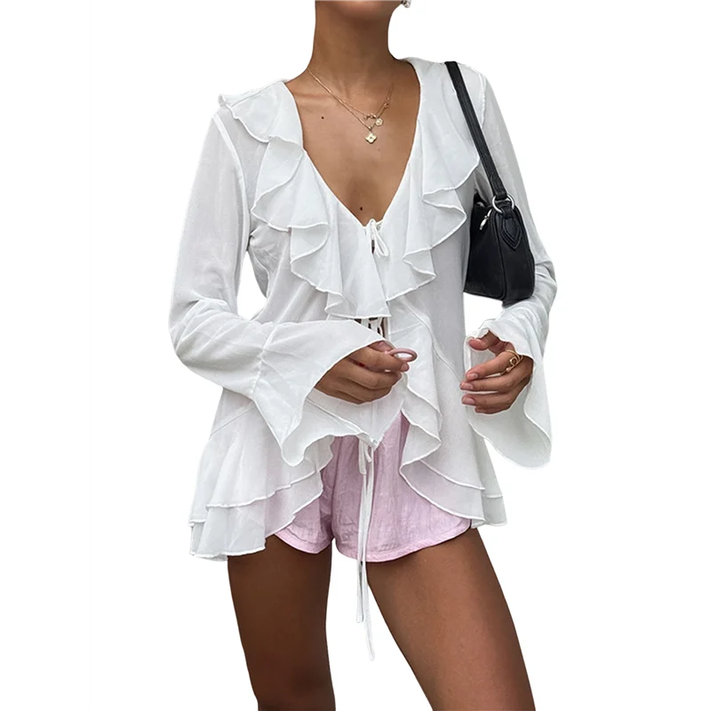

【SEE】Women's Tie Front Tops Sheer Mesh Bell Long Sleeve Ruffle Blouse Shirt Crop Top