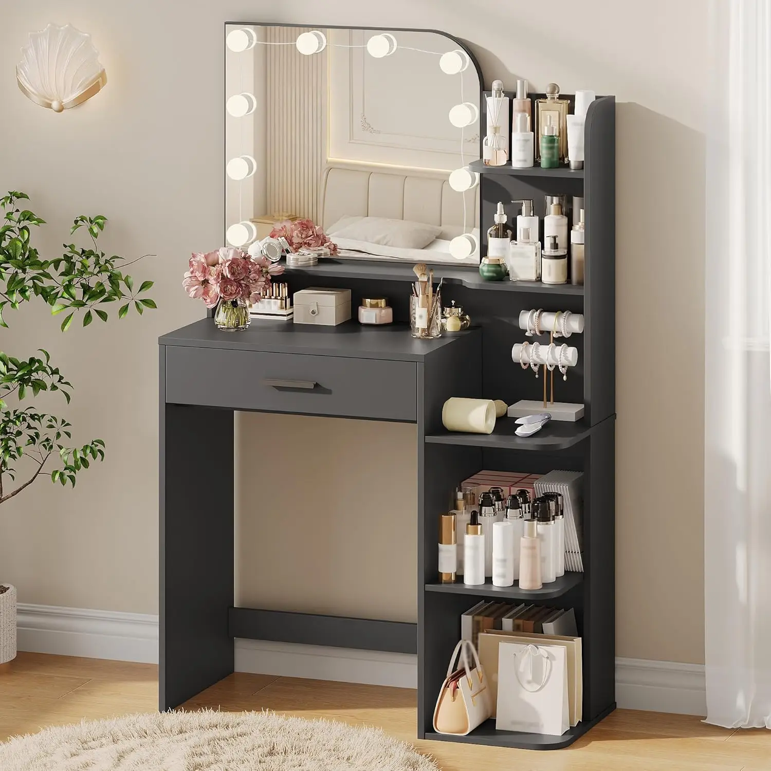 

Makeup Vanity Desk with Mirror and Lights, 32" W x 14" D x 52" H, Girls Vanity Set with 5 Storage Shelves, Big, Customized