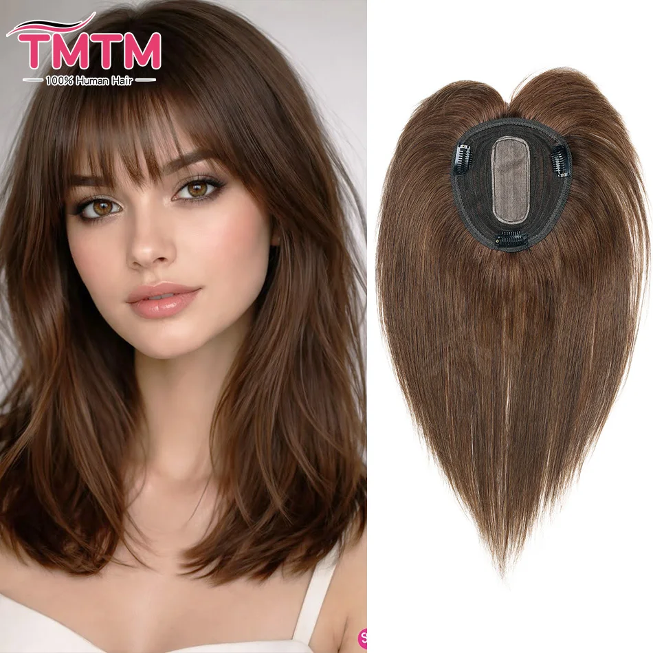 TMTM 12x13cm Human Hair Topper With Bangs 25-35cm Black Brown Blonde Skin Scalp Clip in Topper Hair Pieces Human Hair For Women