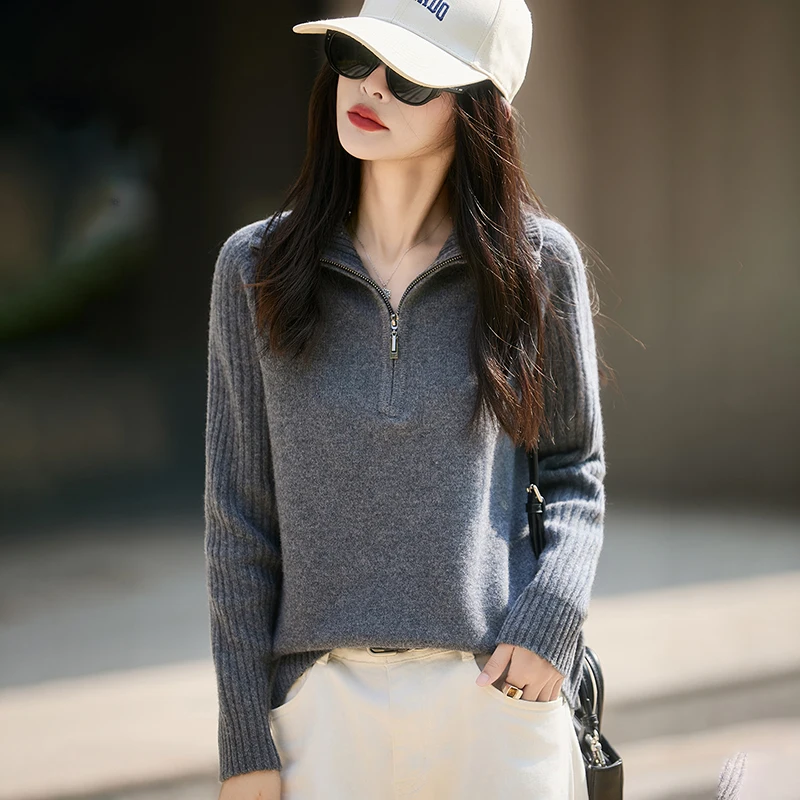 

Autumn/Winter New Women's 100% Pure Wool Pullover Casual Knitted Sweater Loose Zipper Lapel Tops Thickened Warm Jumper