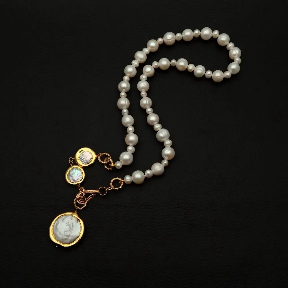 Y·YING Cultured White Potato Pearl Coin Pearl Charm Choker Necklace Handmade Necklaces