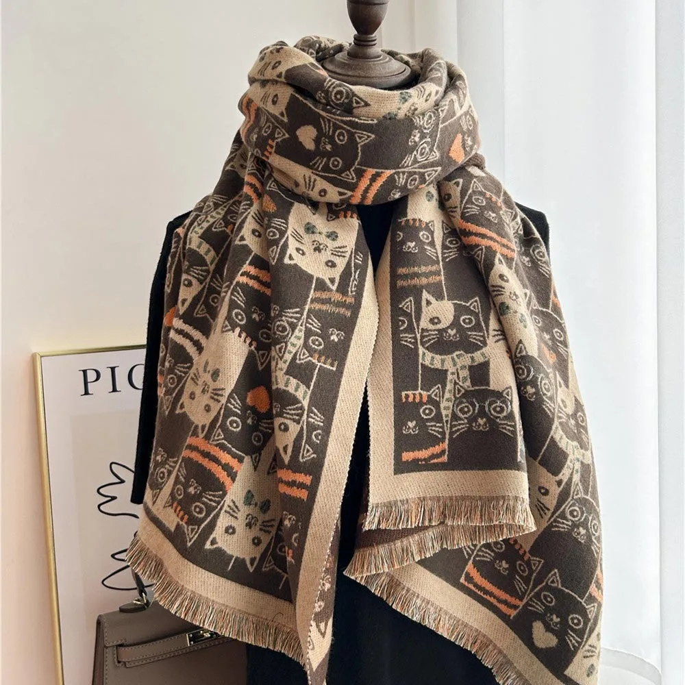 

Модный шарф из искусственного кашемира с рисунком кота, удлиняющий теплый платок из искусственного кашемира, сохраняющий тепло, зимний шарф с кисточками по краям, шарф для холодной погоды