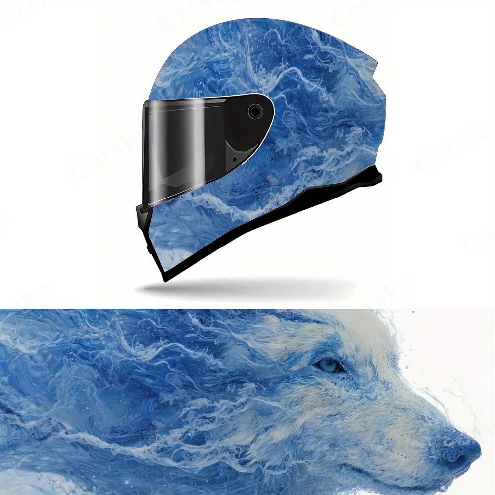 

Creative Blue Flame Wolf PVC Motorcycle Helmet Vinyl Wrap, Self-Adhesive Waterproof Sticker, Anti-Scratch Decorative Film for Fu