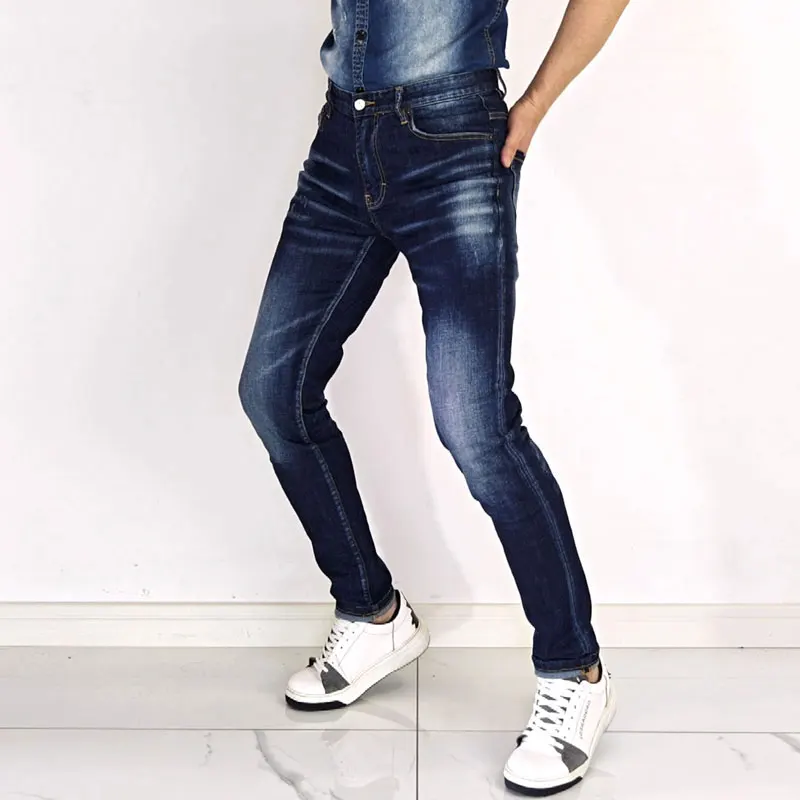 Men Dark Blue Vintage Striped Washed Stretch Slim Skinny Jeans Mid Waist Casual Streetwear Denim Jeans Y2K
