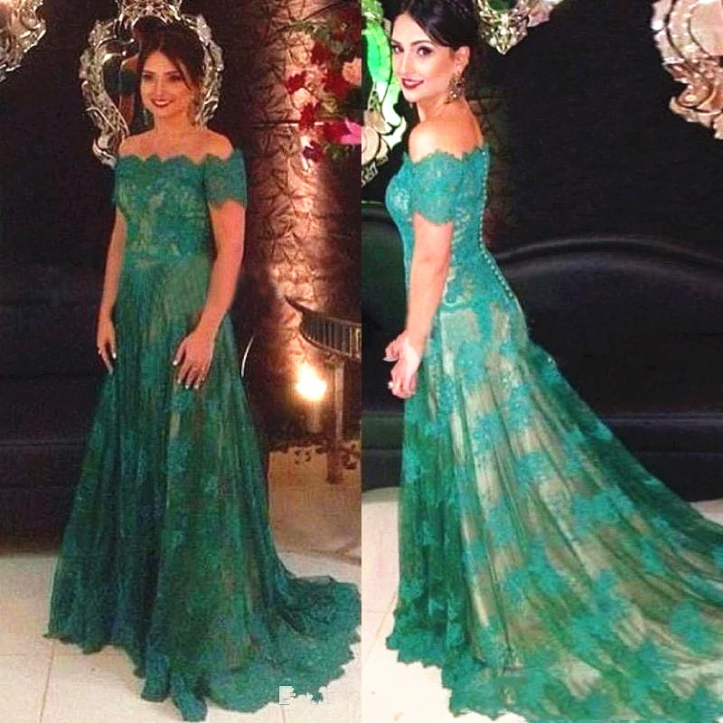 

Green Lace Mother of the Bride Dress Off Shoulder Short Sleeve A Line Long Formal Occasion Evening Party Wedding Guest Prom Gown