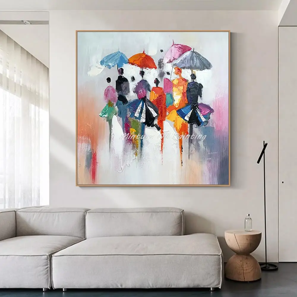 Mintura Handpainted Modern Oil Painting on Canva Wall Art Picture for Living Room Pedestrians With Umbrellas Hotel Decor Artwork