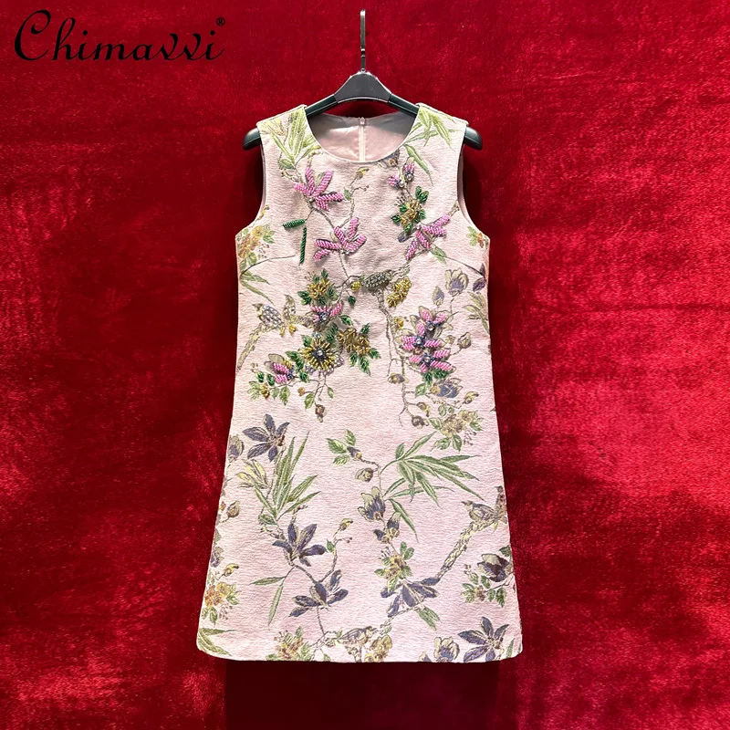 

High-end Jacquard New Chinese Style Heavy Bead A-shaped Dress Autumn New Fashion Round Neck Sleeveless Elegant Short Dresses