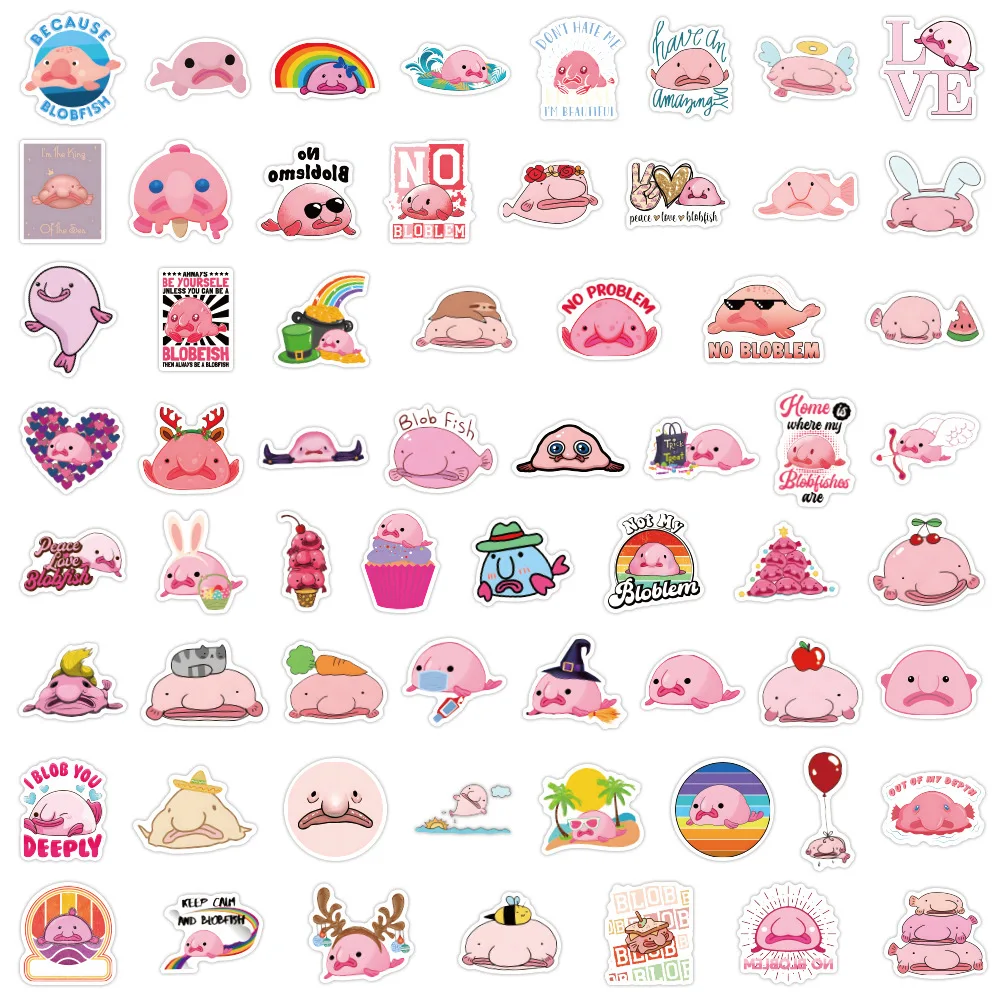 60pcs/Set Cartoon Pink Fish Blobfish Stickers Phone Luggage Skateboard Waterproof Graffiti Decals Sticker Toy