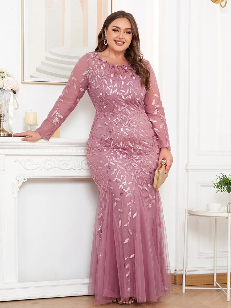 

Plus Size Long Sleeve round Neck Fully Lined Back Zipper Fishtail Embroidered Evening Dress