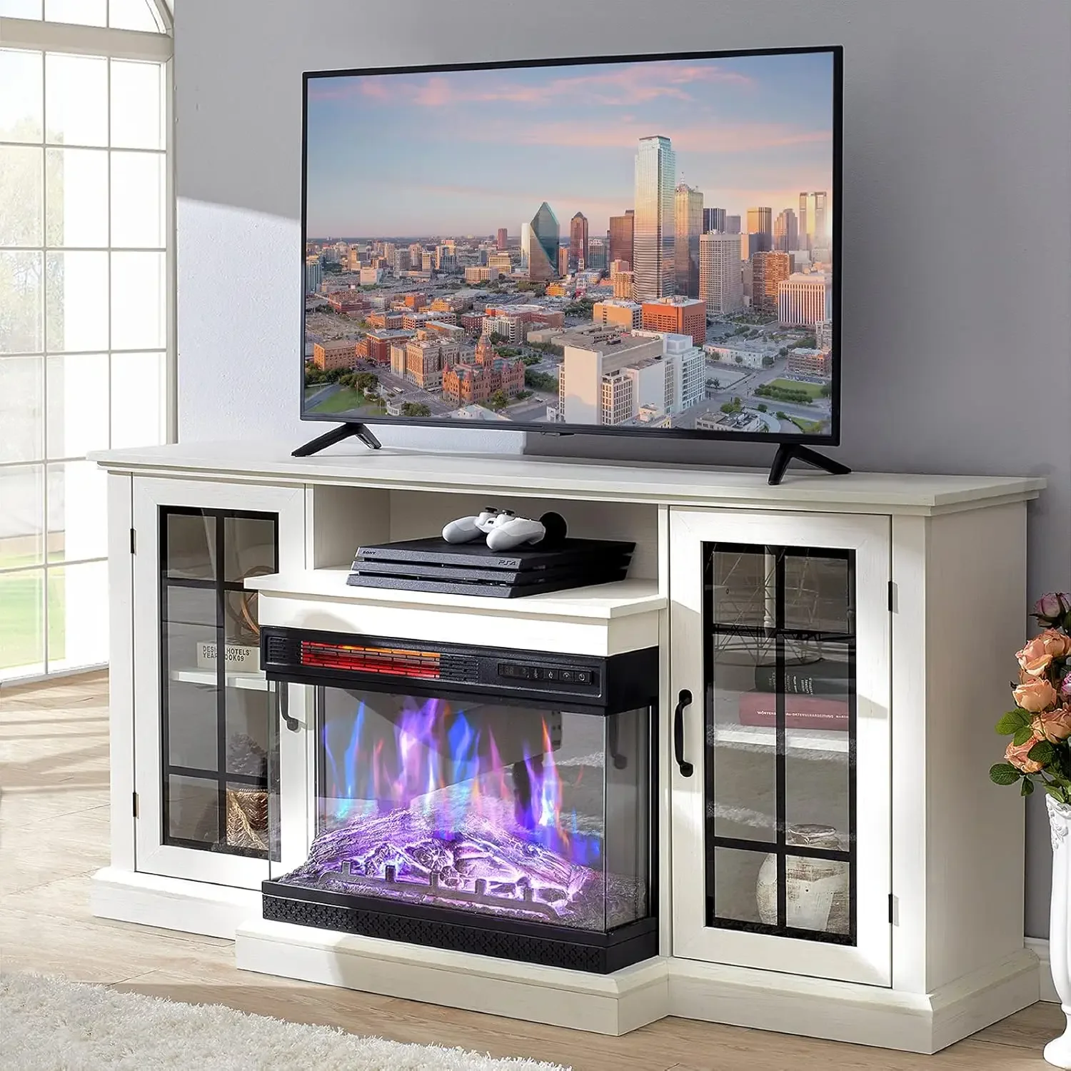 Soporte para TV con chimenea de vidrio de 3 caras para televisores de hasta 65 pulgadas con 12 colores, mesa consola central de entretenimiento multimedia con puertas cerradas St