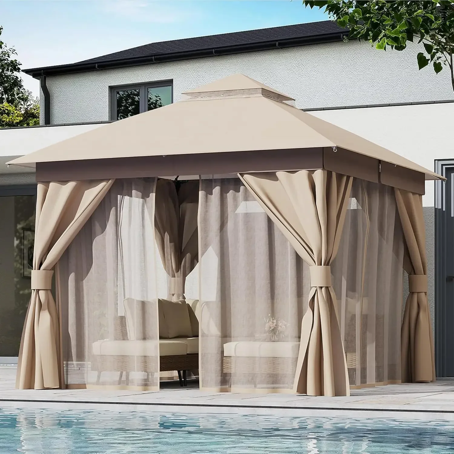 Outdoor Patio Gazebo 10'x10' with Expansion Bolts, Heavy Duty Party Tent & Shelter with Double Roofs, Mosquito Nettings