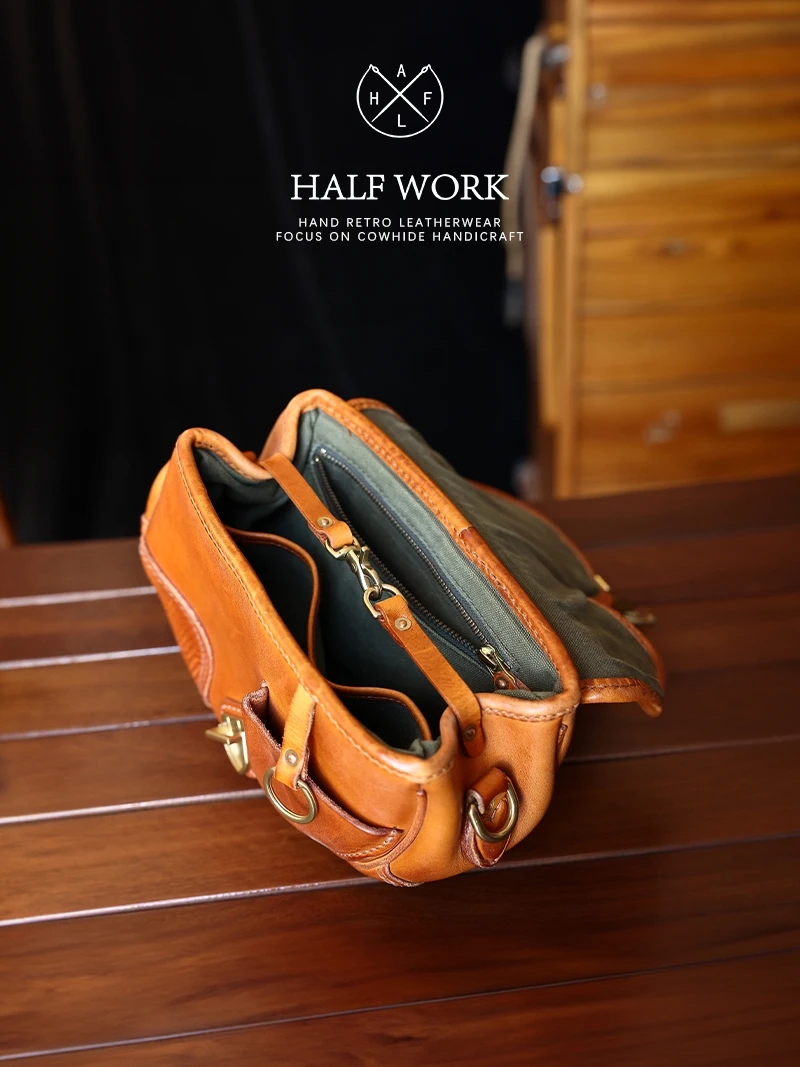 Plant-tanned Vintage Leather Men Bag Saddle Bag Top Layer Leather Handbags Crossbody Bag Shoulder Bag Wide Strap Chest Bags