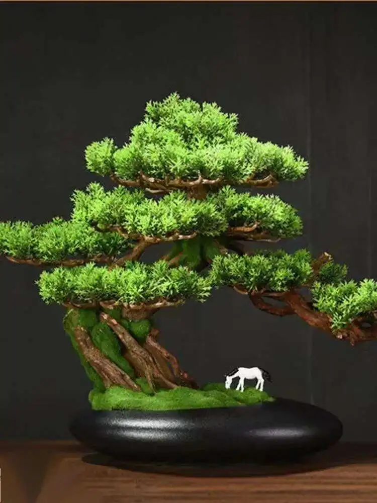 New Chinese Style Welcome Pine Bonsai Decoration Zen Porch Hotel Decoration Simulation Luohansong Cliff Cypress Potted