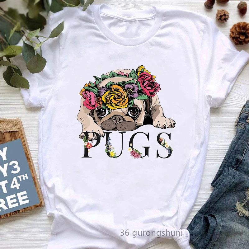 

Flowers Pugs Dog Animal Print T-Shirt Women'S Clothing Dog Lover Bird Tee Shirt Femme Harajuku Shirt Kawaii Clothes Tops