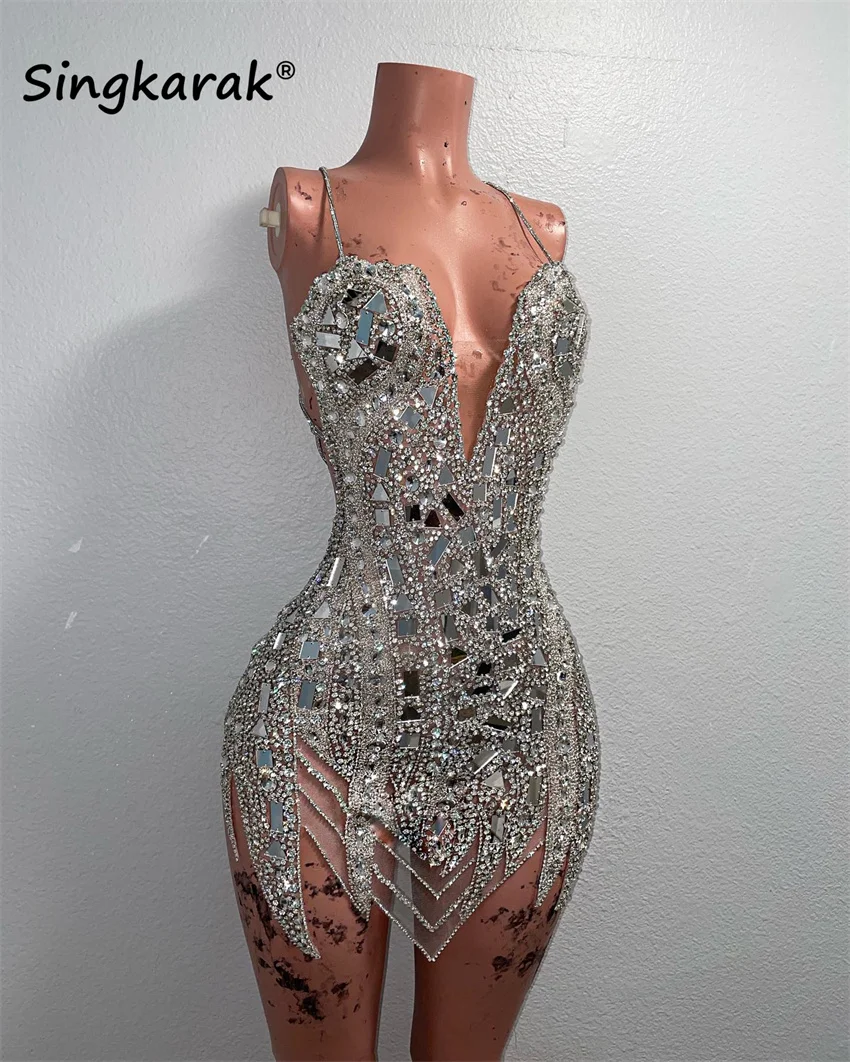 Sparkly Silver Short Prom Gown Bead Crystal Rhinestones Cocktail Dress Vestidos De Festa Birthday Party Dress Customized