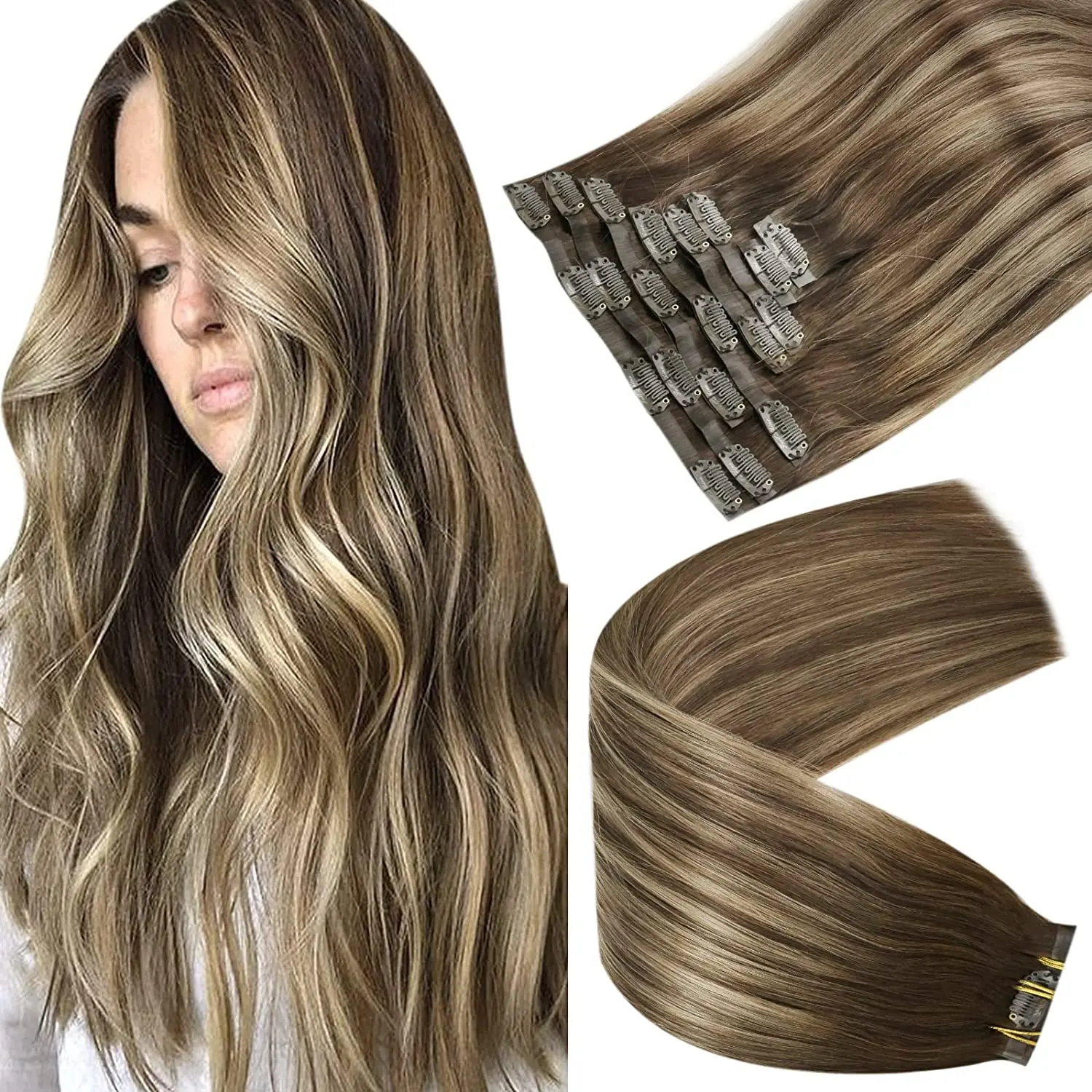 Volledige Glans Naadloze Clip in Hair Extensions Remy Menselijk Haar 8 Stuks 120g & 80g Clip In Hair Extensions Menselijk Haar Blonde Huid Inslag