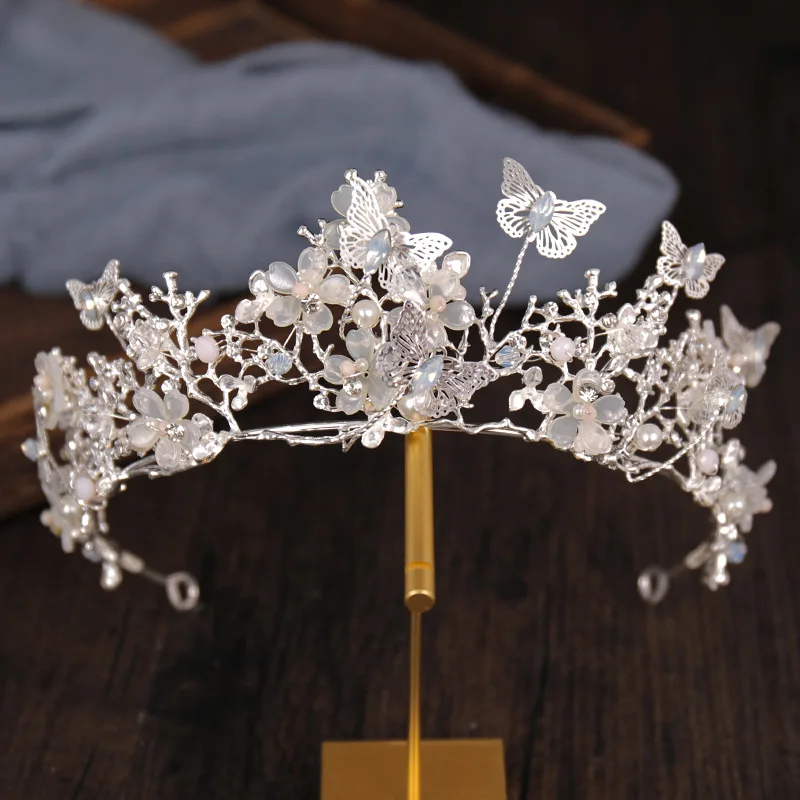 Handmade Crown Cross-border Butterfly Crystal Crown Headband Bride Wedding Headdress Veil