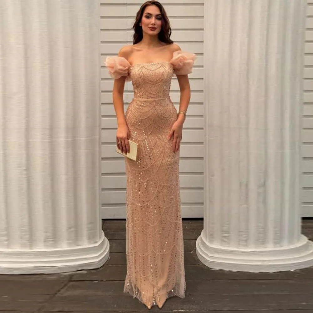 Aangepaste glitter pailletten avondjurken knop mouwen kralen galajurk 2025, off-the-shoulder bodycon jurk vloerlengte