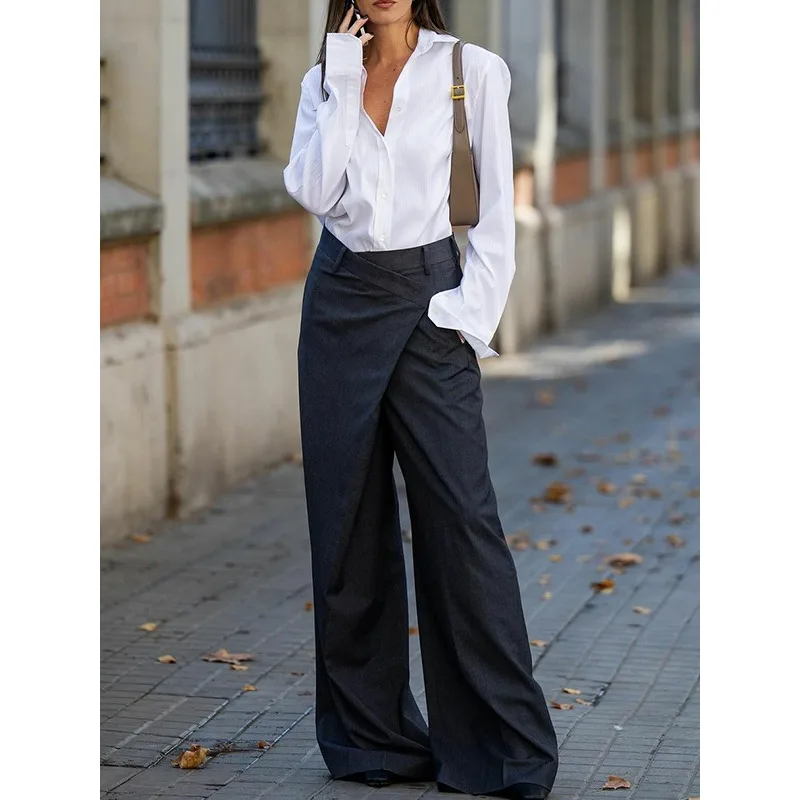 Modigirl Trendy Women's Suit Pants Autumn Spring Loose Wide Leg Asymmetric Solid Color Split-Joint High Waisted Formal Trousers