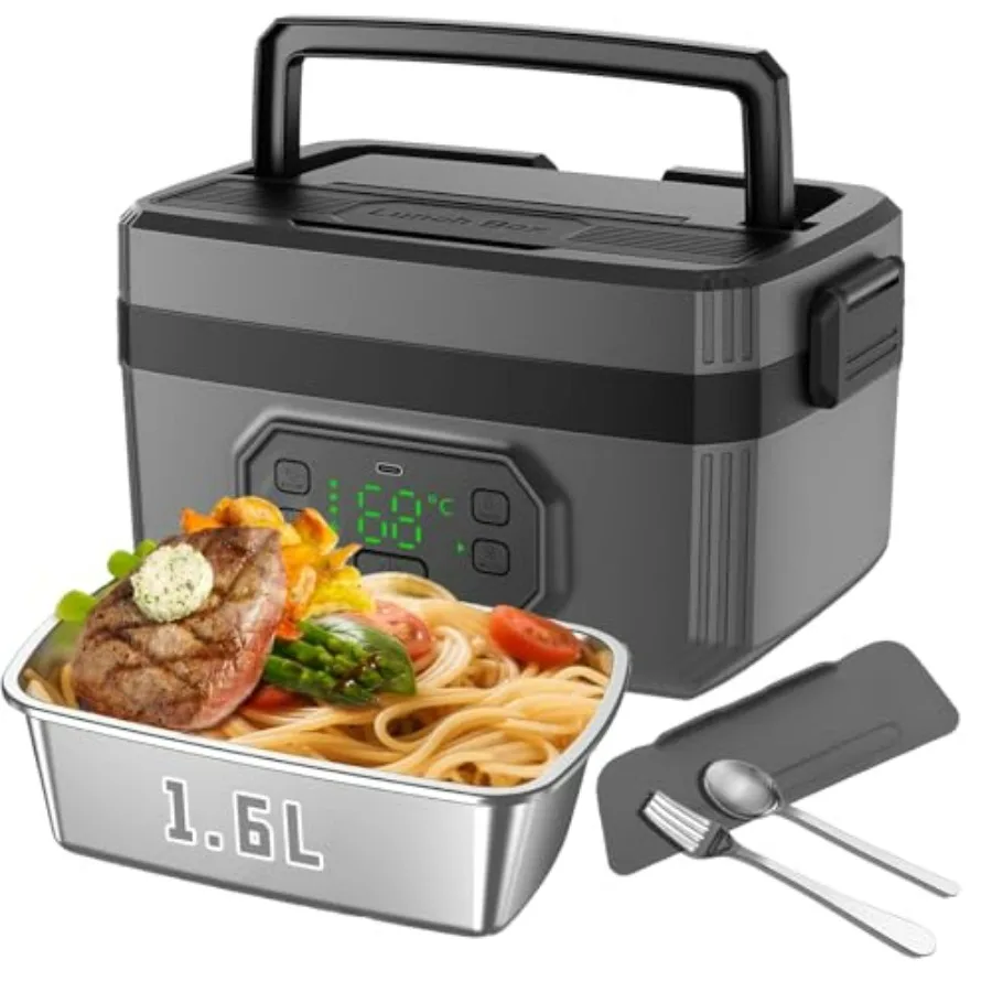 صندوق غداء كهربائي للبالغين - صندوق غداء كهربائي لاسلكي سعة 1.6 لتر بقدرة 24000 مللي أمبير في الساعة يعمل بالبطارية، تسخين 5 جوانب وحجز ذكي #1