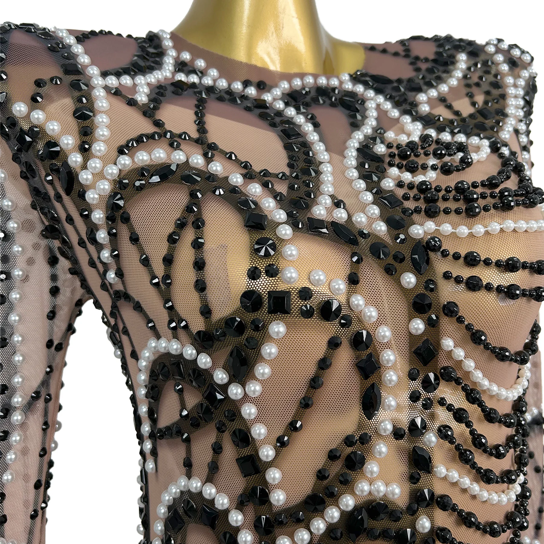 Design Sense Women's Party Evening Dress Black White Double Color Pearl Sexy Mesh Perspective Celebrity Red Carpet Dress yueshi