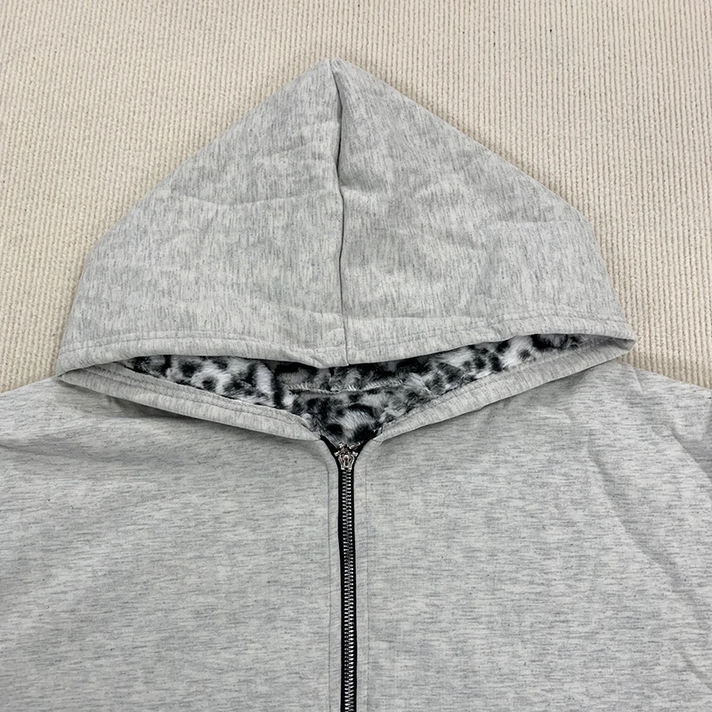 الخريف/الشتاء الرجعية هوديي الدافئة المألوف ليوبارد نمط سستة فضفاضة تناسب أمشاط الجبهة الخلفية 2025 وصول جديد #4