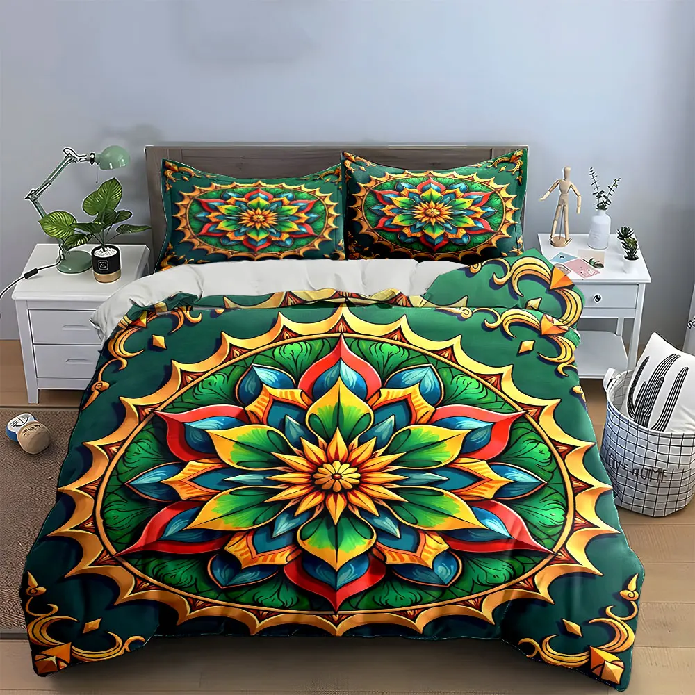 Gold Trim Colorful Lotus Mandala Duvet Cover Set, Dark Green Bohemian Bedding Includes 1 Duvet Cover And 2 Pillowcase, Gift