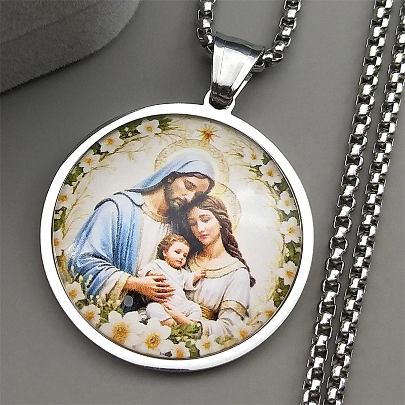 مريم العذراء الطفل يسوع الزجاج ميدالية قلادة مستديرة للنساء الرجال الفولاذ المقاوم للصدأ الذهب اللون سانت جوزيف تميمة المجوهرات #1