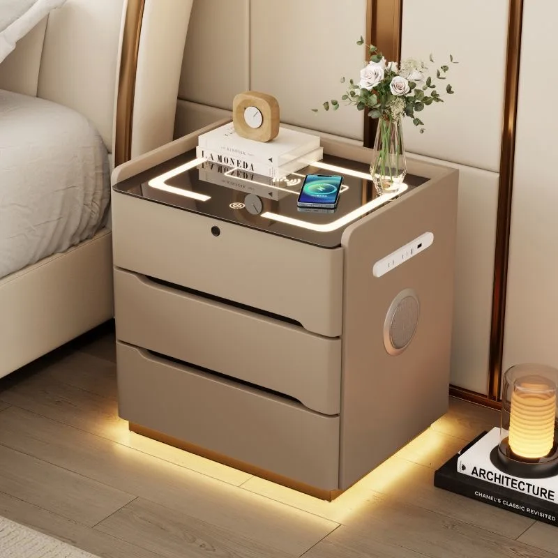 #Floating Bedside Table With Inductive Light Modern Lockable Smart Nightstand Simple Design Chargeable Three-drawer Bedside Tabl - view 5