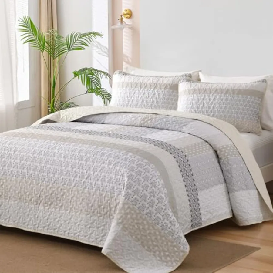 

Бежевый стеганый комплект покрывал в богемном стиле, размер Queen, 3 предмета, легкое стеганое покрывало из микрофибры, бежевое покрывало в стиле бохо для кровати