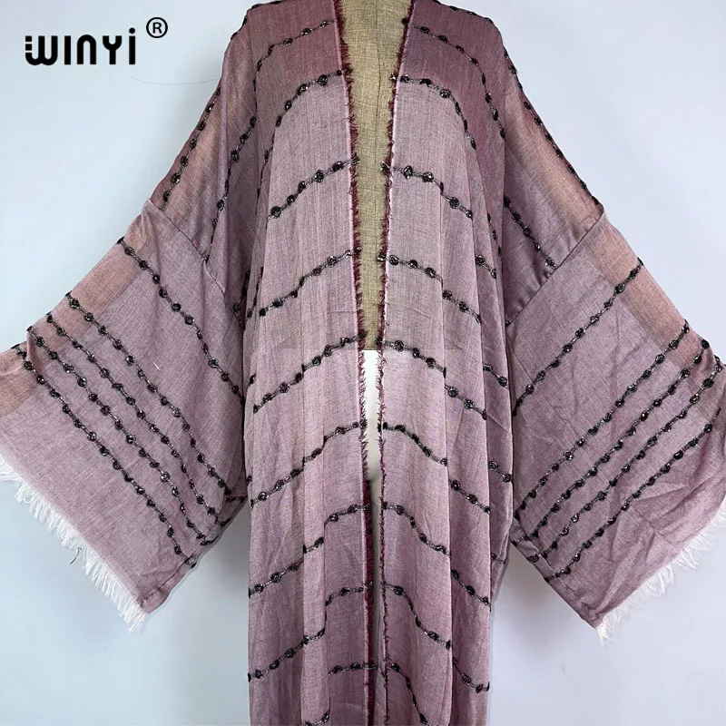 WINYI beachwear wygodne damskie artystyczne monochromatyczne płaszcz plażowy luźna sukienka Boho luźna świąteczna futerał do pływania up Kimono