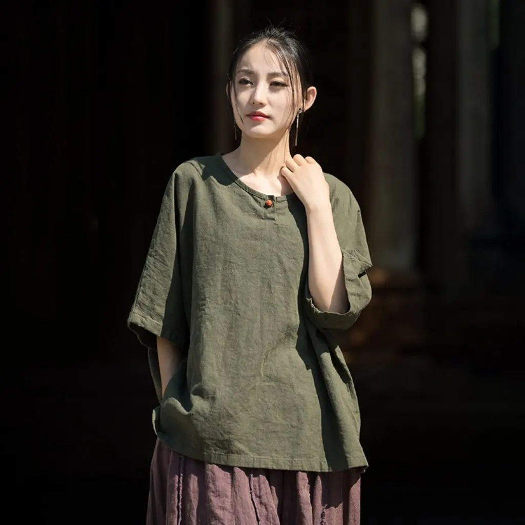 

Summer Women's Short Sleeve T-Shirt Cotton Linen Chinese Style Pullover Ramie Sand Wash Buckle Detail Original New