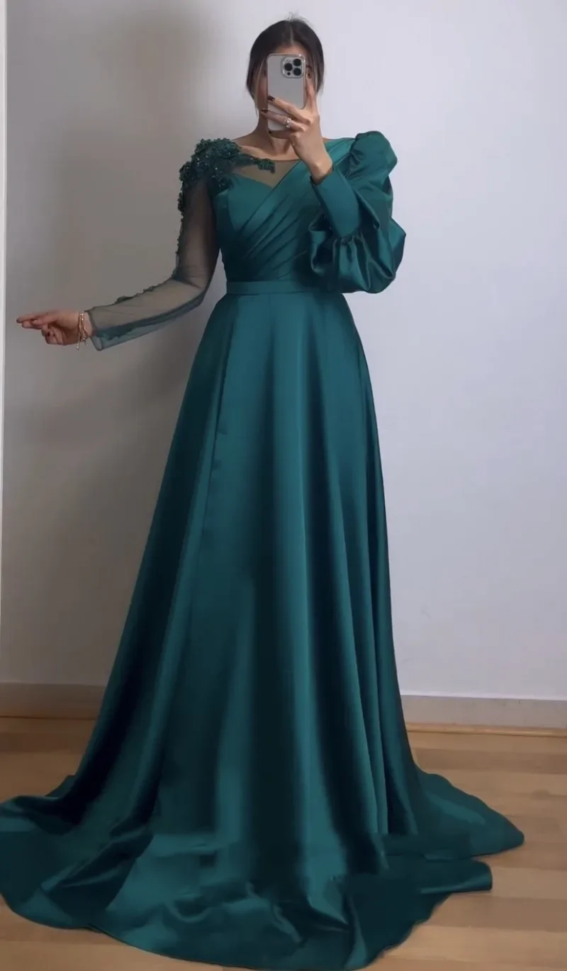 

Flavinke Dark Green Muslim Evening Dresses Appliques Beaded Long Sleeve A-Line Arabic Prom Gown For Wedding Party robe de soirée