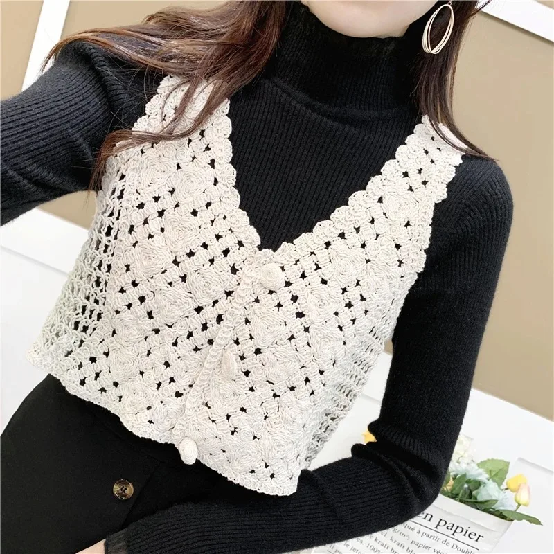 Spring Autumn Crochet Sweater Vest Women Korean Style Fashion V-neck Sleeveless Cropped Tank Top Beige White Shrug Cover-Up