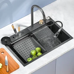 Smart Kitchen Sink Waterfall Stainless Steel Single Bowl Washbasin With Knife Holder Dishwasher Large Kitchen Accessories