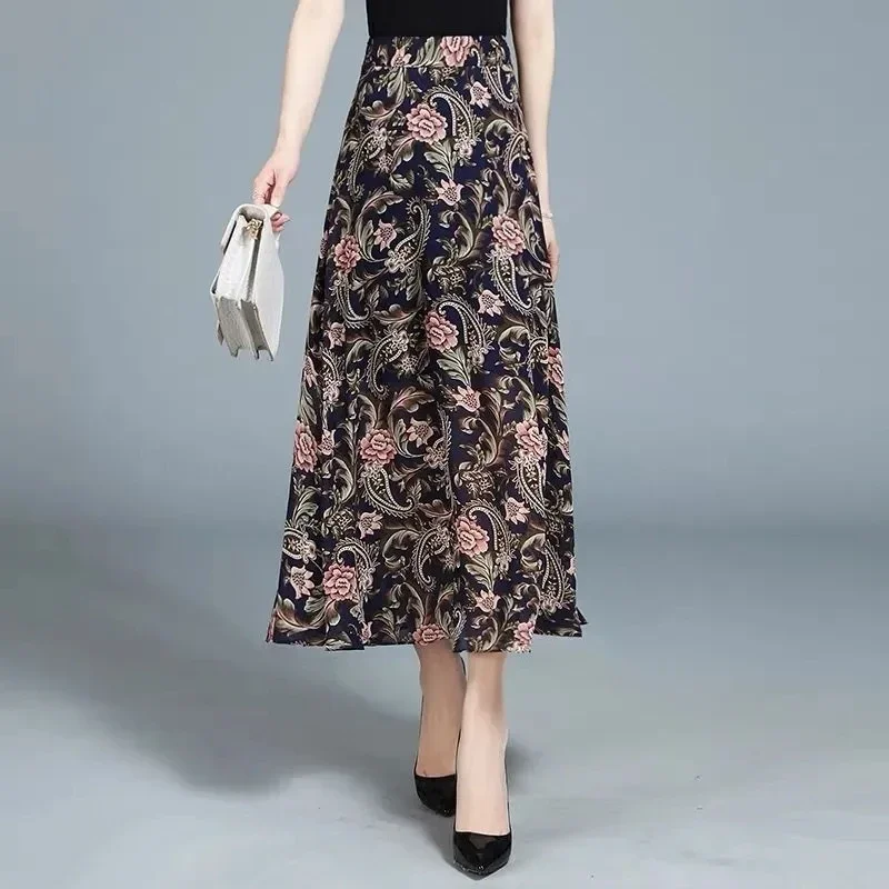 2025 primavera verão nova chiffon a linha saia feminina cintura alta divisão grande balanço saia floral casual all-match longo a linha saias
