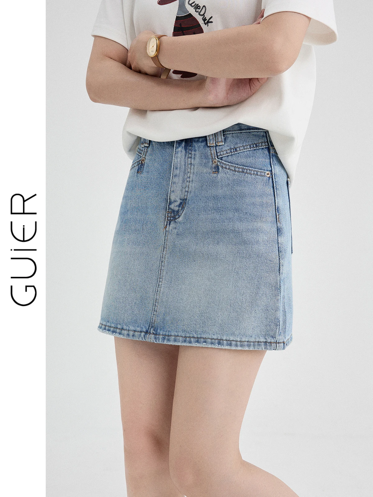 

Джинсовая юбка Guier с высокой талией, А-силуэт, женская, облегающая, короткая, летняя новинка, с эффектом похудения, средней длины