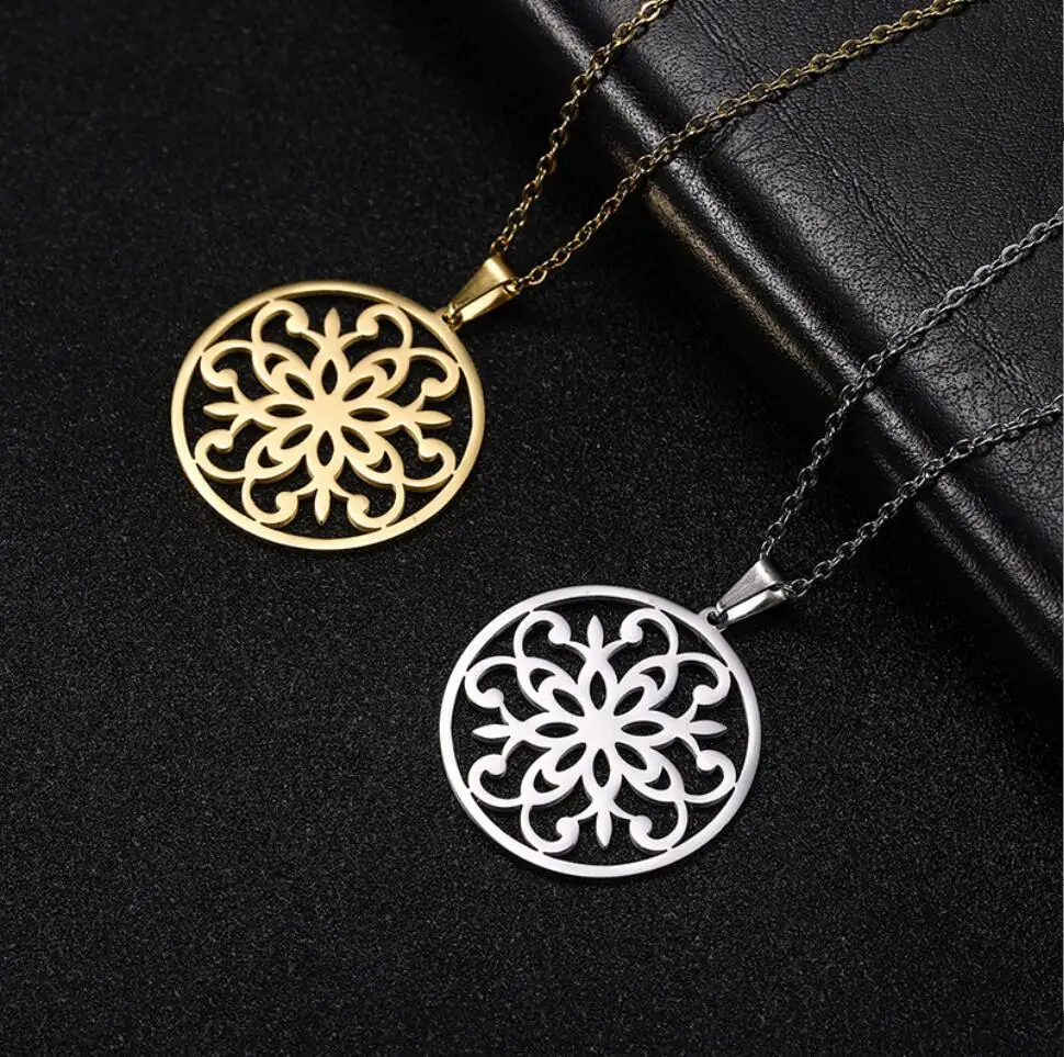 

1PC Stainless Steel Hollow Flower Necklace Round Pendant Necklaces Women Girl Jewelry F1556