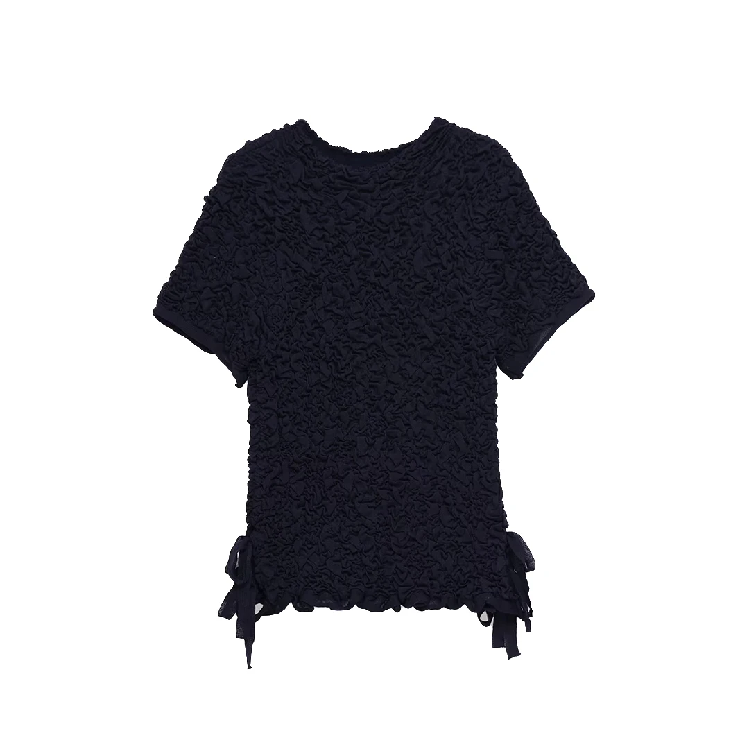 KASLEAD 新しいレディースファッションテクスチャードニットシャツラウンドネックトップバタフライノット半袖ポリエステル繊維 392076