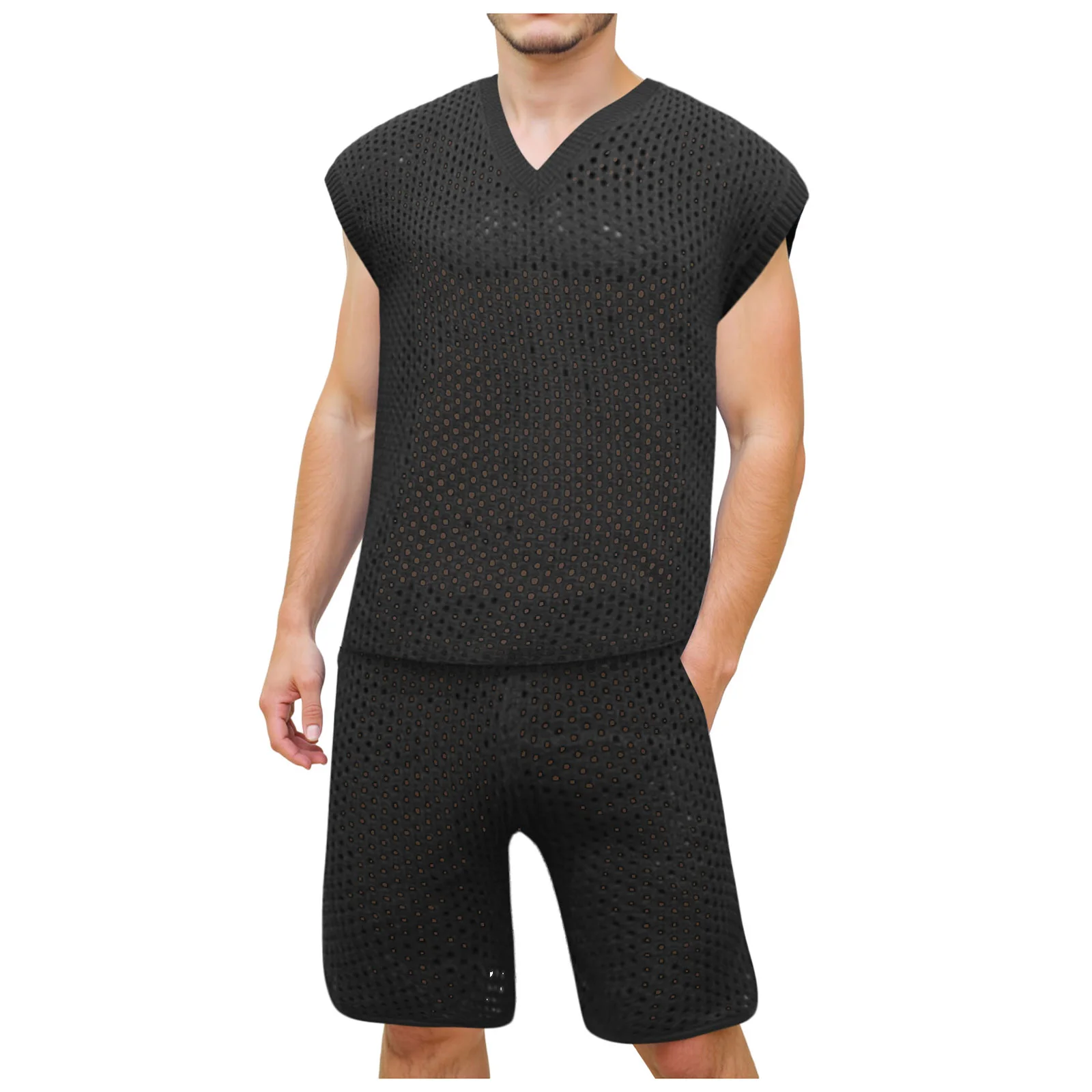 

Summer Suit Men's Summer Casual V Neck Two Piece Set Solid Color Loose Vest And Shorts Sport Men's Shorts And Shirt Suit Men
