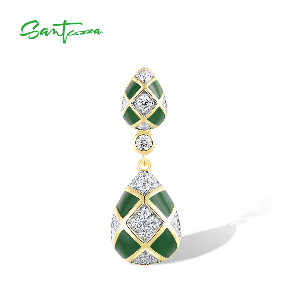 SANTUZZA Genuine 925 Sterling Silver Pendant for Women Sparkling White CZ Green Pear Grid Enamel Party Gifts Fine Jewelry Set