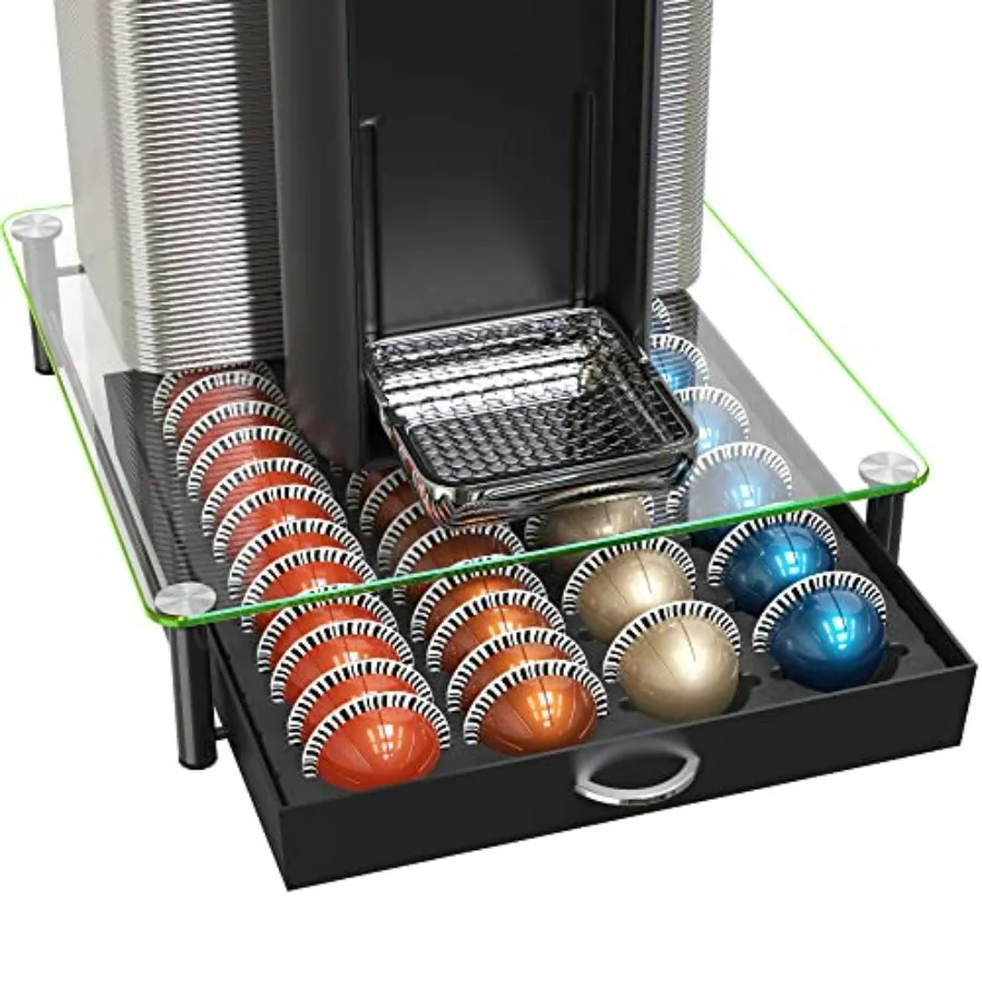 

DecoBrothers Crystal Tempered Glass Vertuo Pod Holder Drawer, 24 Large or 48 Small Nespresso Capsule Organizer