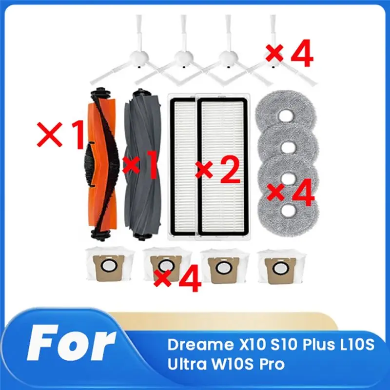 16 предметов для пылесоса Dreame X10 S10 Plus L10S Ultra W10S Pro: комплект аксессуаров, включающий основную и боковую щетки, фильтр, насадку для мытья.
