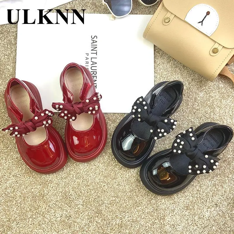 

Girls Shoes 2023 Spring New Winered Shoes For Princess 'shoes Lace Bowknot Soft Bottom Shoes Children Single Black Shoe