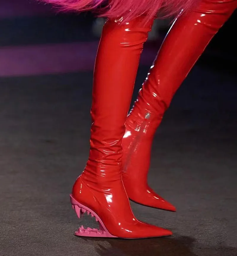 New Fashion Over the Knee Thigh Women\'s Long Boots Sexy Pointed Toe Side Zipper Teeth High Heels Patent Leather Boots