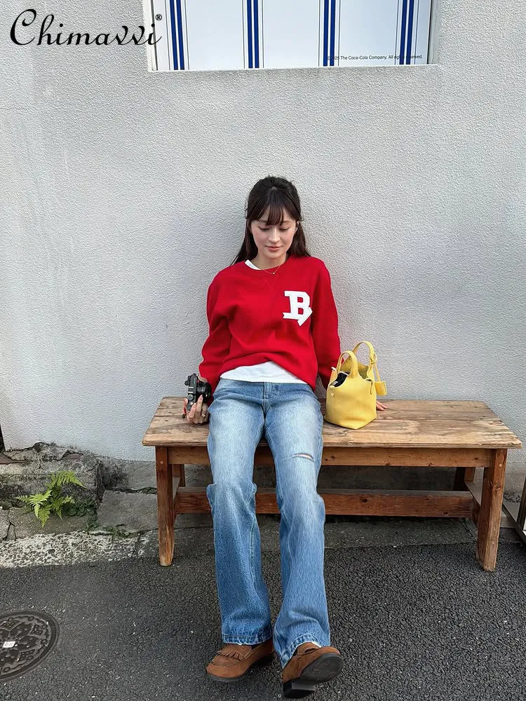 

Japanese Style Chest Stereo Applique Pullover Tops Spring Fashion Round Neck Classic Casual Loose Long Sleeves Couple Sweater