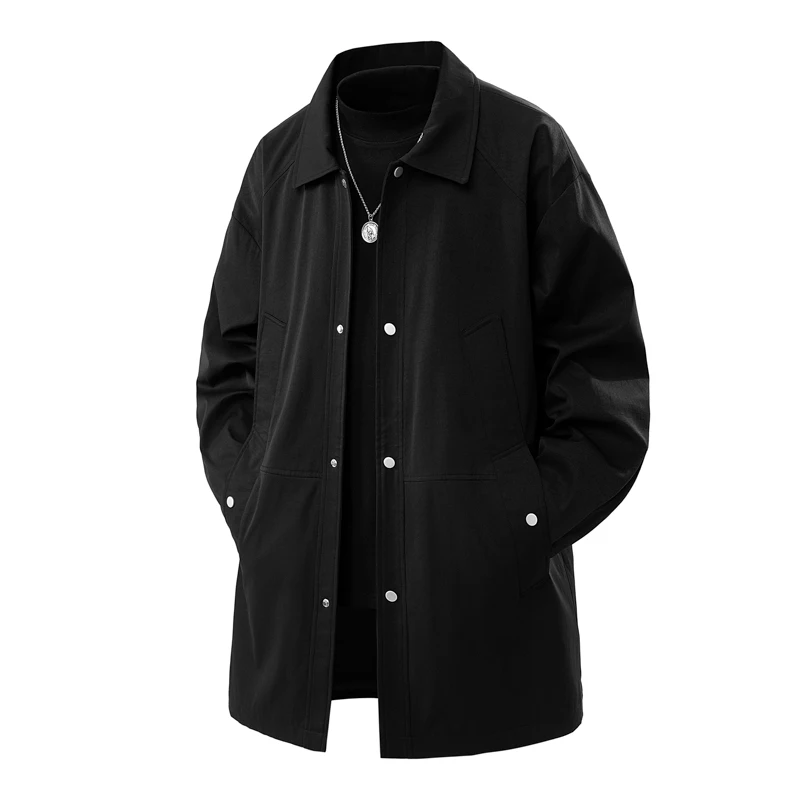 2026 New Men Oversized Mid Long Windbreaker Lapel Collar Button Up Casual Solid Color Trench Coat Daily Outerwear