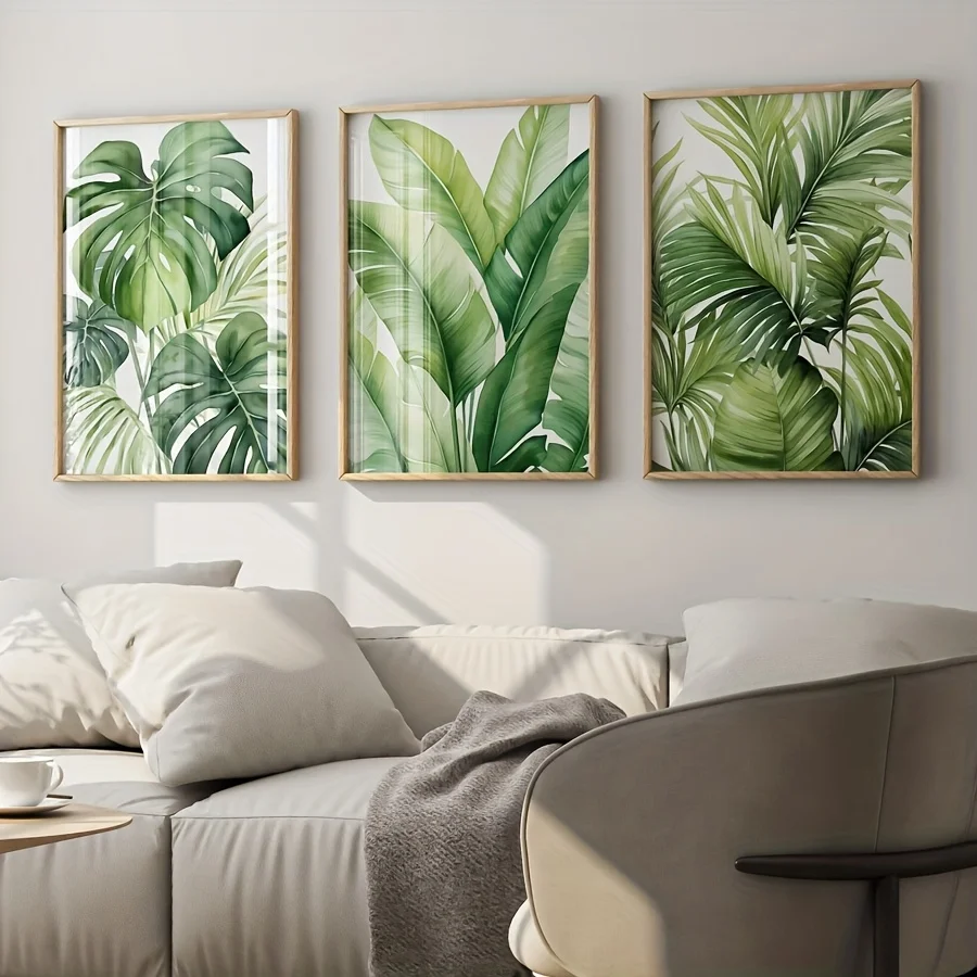 مجموعة مكونة من 3 قطع، بدون إطار، طباعة أوراق ألوان مائية استوائية، لوحة جدارية نباتية، موز، مونستيرا، ملصق أوراق النخيل، ديكور غرفة المعيشة، #5